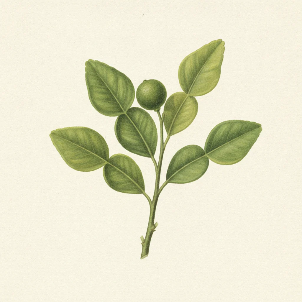 Makrut lime leaf, gouache botanical illustration