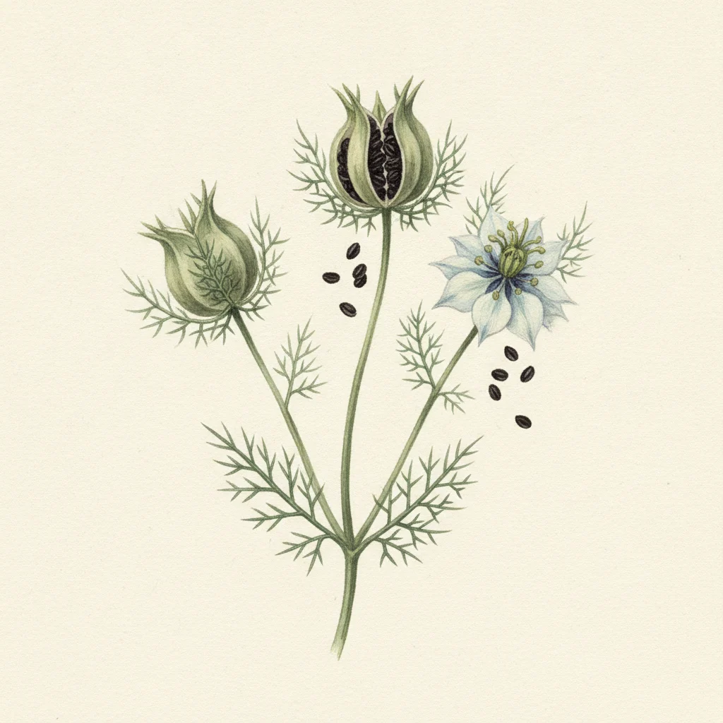 Nigella, gouache botanical illustration