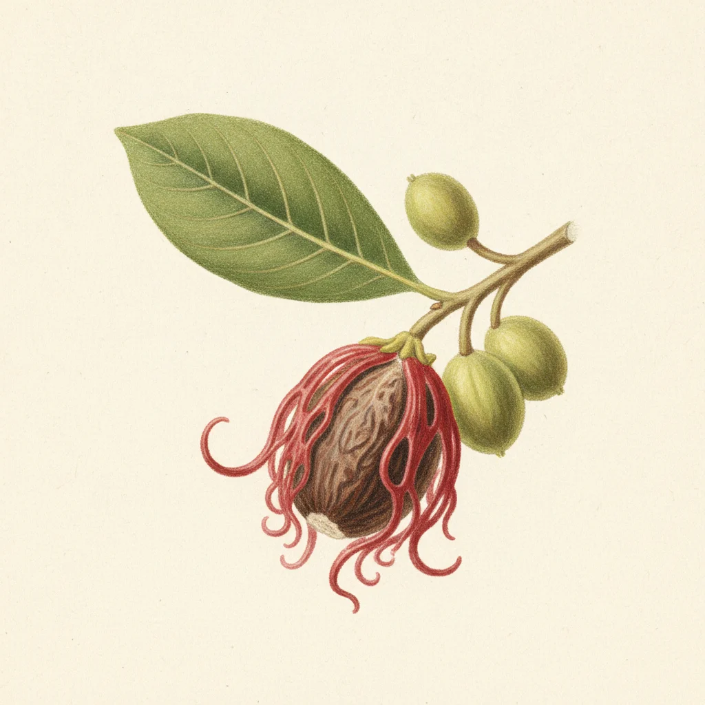 Nutmeg, gouache botanical illustration