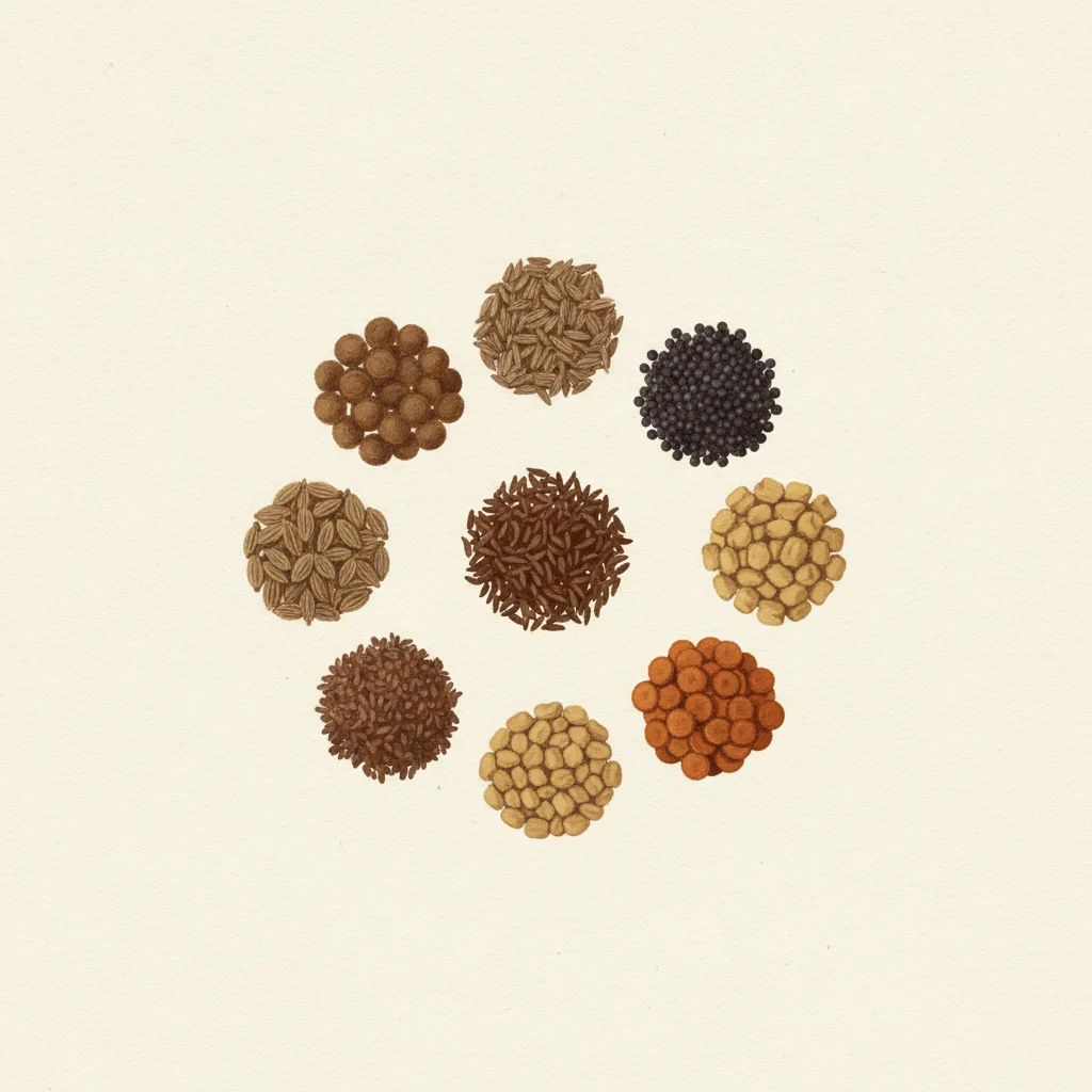 Panch phoron, gouache botanical illustration